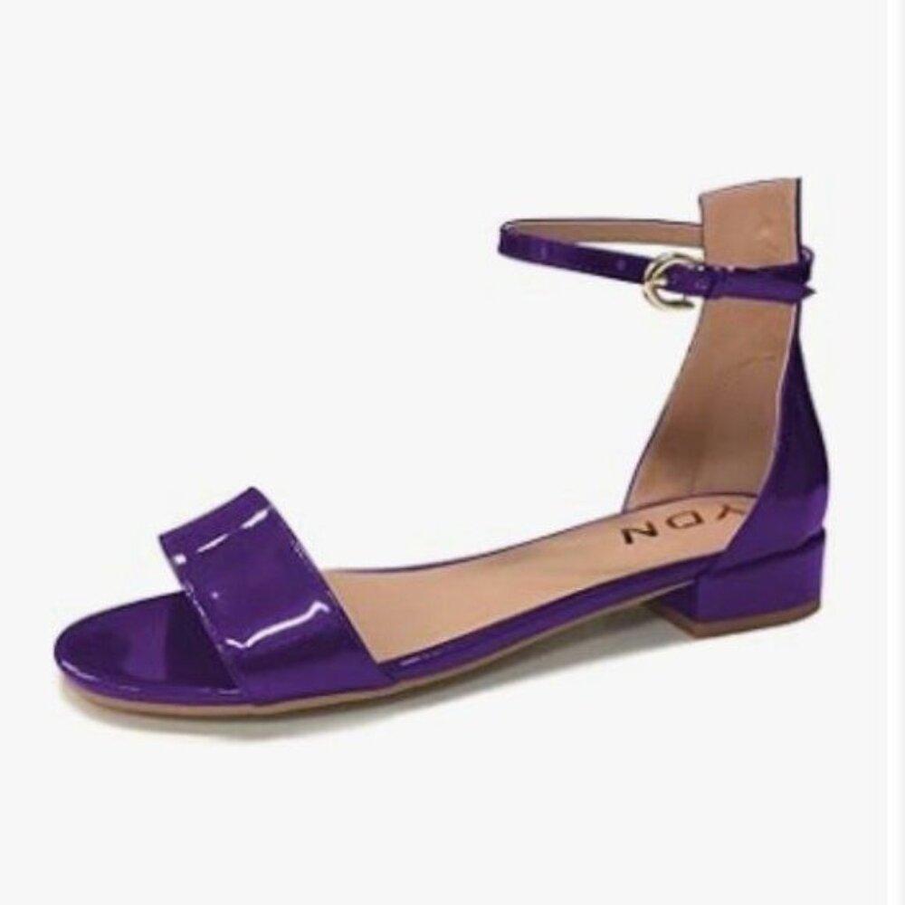 YDN Dark Purple Block Low Heel Sandals Open Toe Ankle Strap Patent Shoes